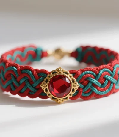 Handwoven red & teal braided bracelet with central red crystal gem.