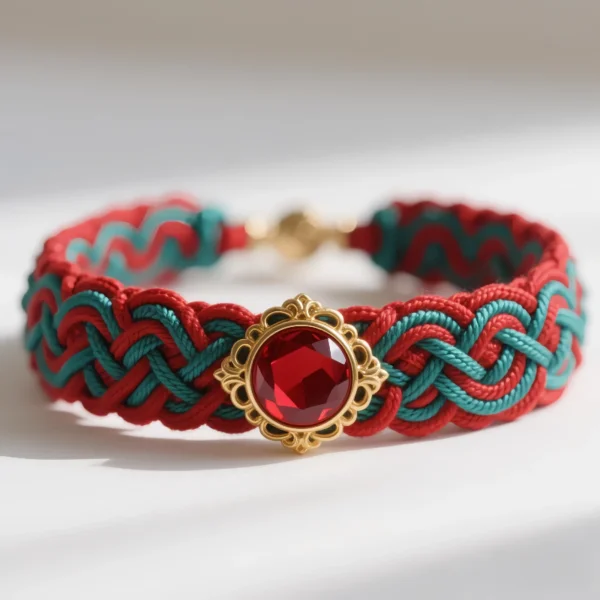 Handwoven red & teal braided bracelet with central red crystal gem.