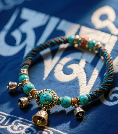 Handwoven Tibetan bracelet with turquoise beads and bells on Tibetan cloth
