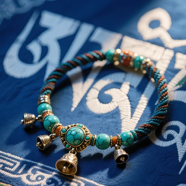 Handwoven Tibetan bracelet with turquoise beads and bells on Tibetan cloth