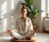 A European woman meditating with Buddha beads, sitting on a minimalist meditation mat, surrounded by plants and natural light, creating a serene meditation environment.