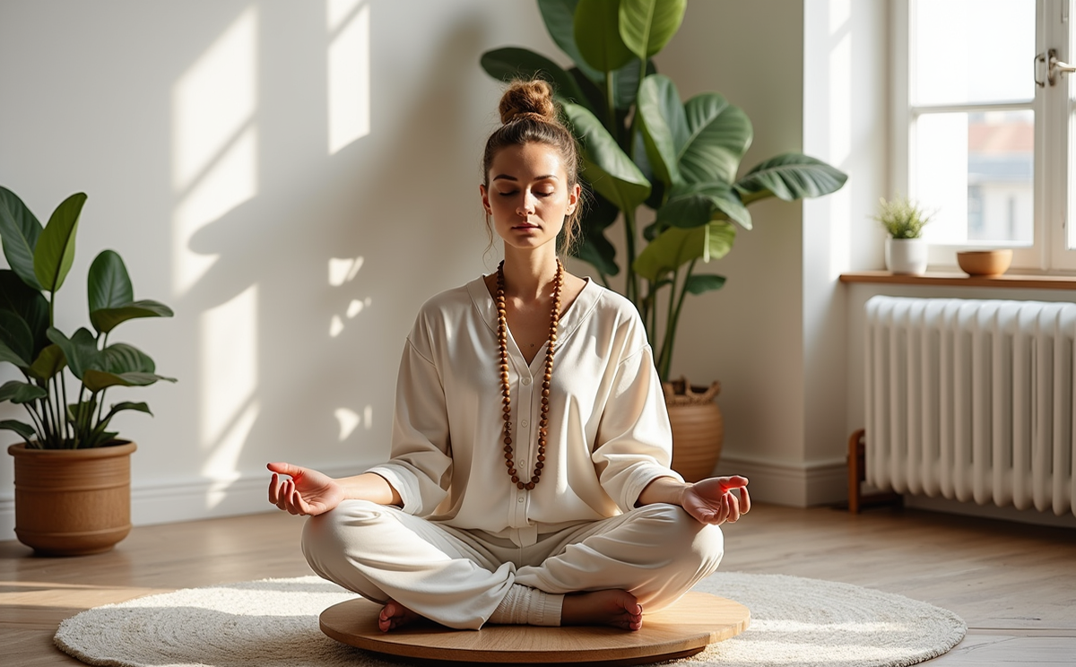 A European woman meditating with Buddha beads, sitting on a minimalist meditation mat, surrounded by plants and natural light, creating a serene meditation environment.