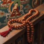 Long red Buddhist prayer bead necklace, with a backdrop of Buddhist murals, showcasing the charm and sacredness of traditional Buddhist culture.