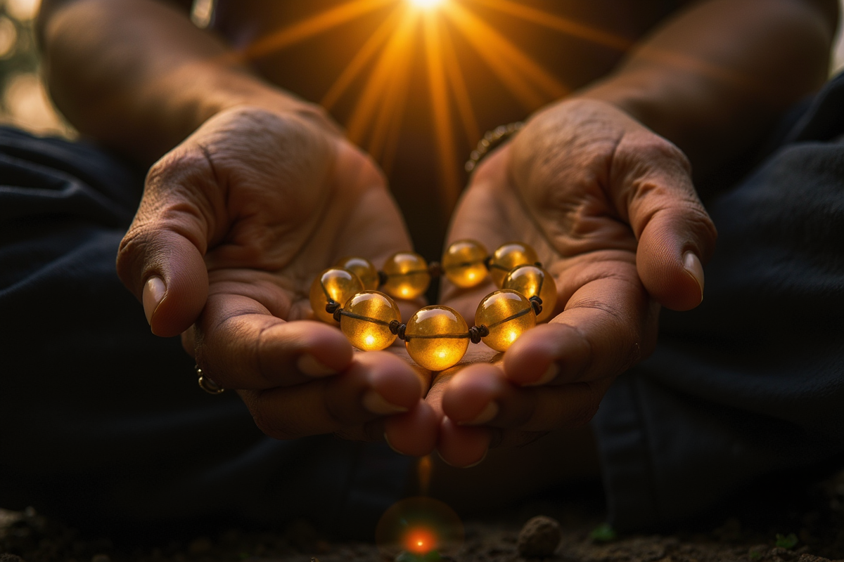 双手托着半透明的金色念珠，背后是灿烂的阳光。