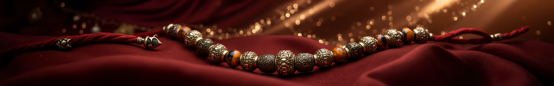 A beautiful Buddhist prayer bead bracelet with red cord, adorned with antique silver beads and tiger eye stones, set against soft velvet fabric with sparkling golden highlights.