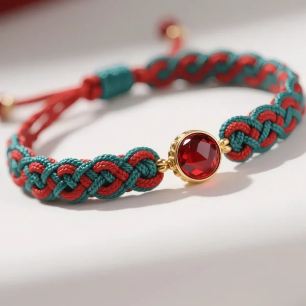 Adjustable Chinese-knot bracelet with tassel ends and red crystal gem.