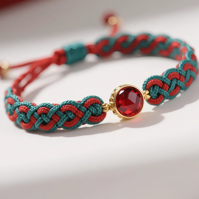 Adjustable Chinese-knot bracelet with tassel ends and red crystal gem.