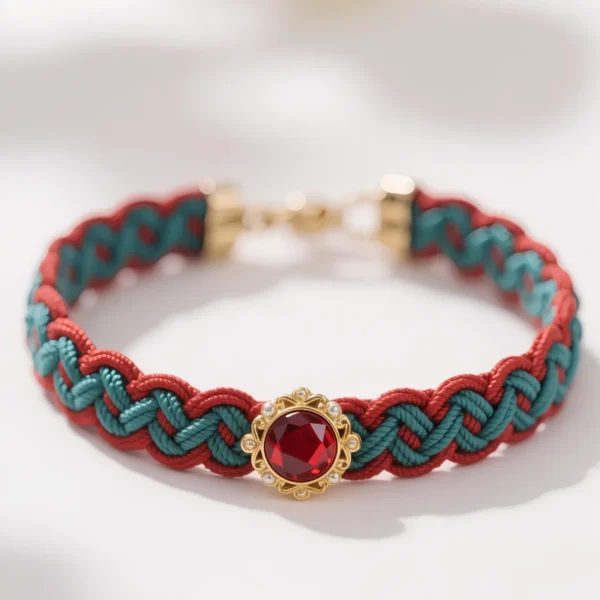 Pearl-surrounded red crystal bracelet with handwoven pattern.