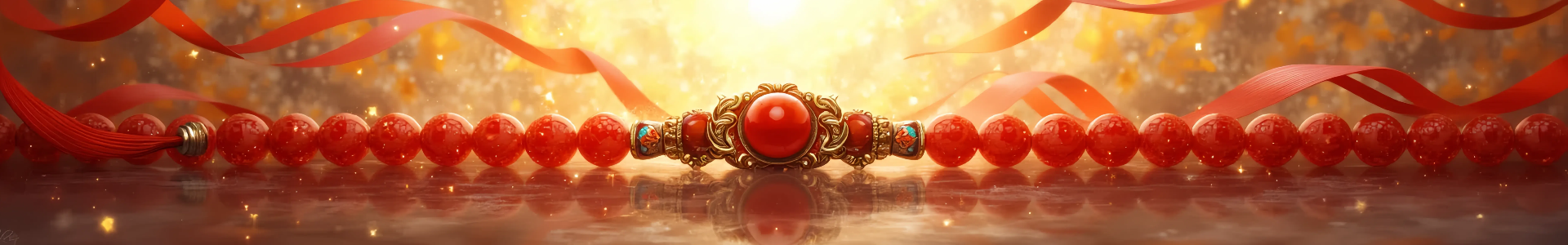 Red bead Buddhist prayer bracelet, with a central ruby and gold ornament, surrounded by flowing ribbons, creating a sacred and luxurious ambiance.