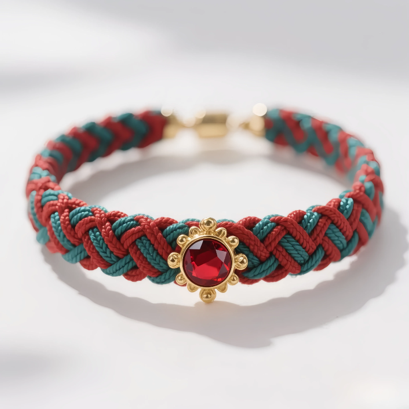 Handwoven bracelet with petal-style gold bezel holding a red crystal gem.