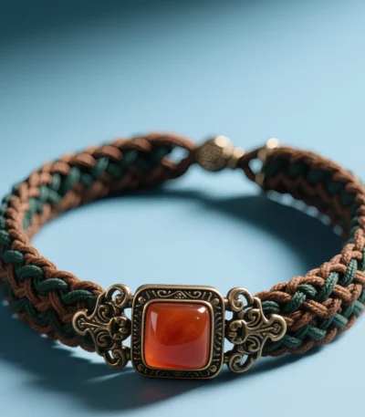 Tibetan gold-edged wide braided red agate bracelet on blue-gray background