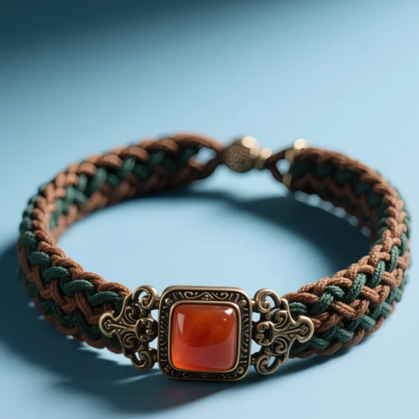 Tibetan gold-edged wide braided red agate bracelet on blue-gray background