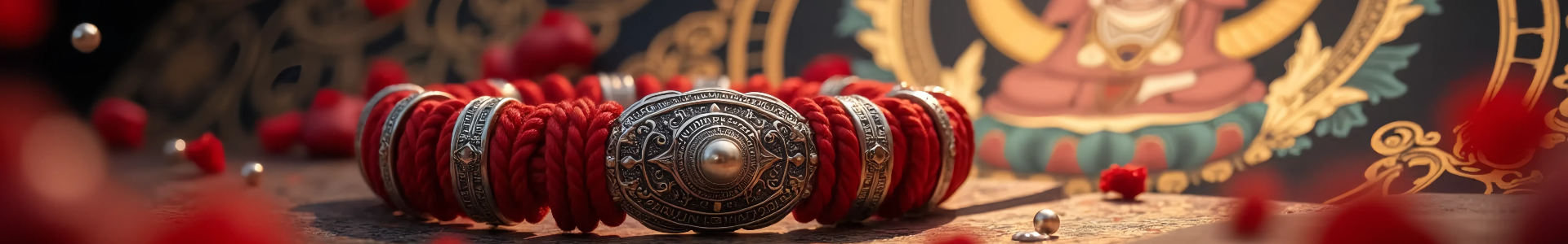 Red cord Buddhist bracelet with antique silver accents and detailed metal rings, set against a backdrop of a beautiful Buddha statue and red floral decorations, exuding a sacred and powerful aura.