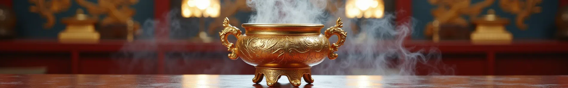 Traditional bronze incense burner with exquisite engraved decorations, smoke rising gently, set against the elegant backdrop of a Buddhist temple.