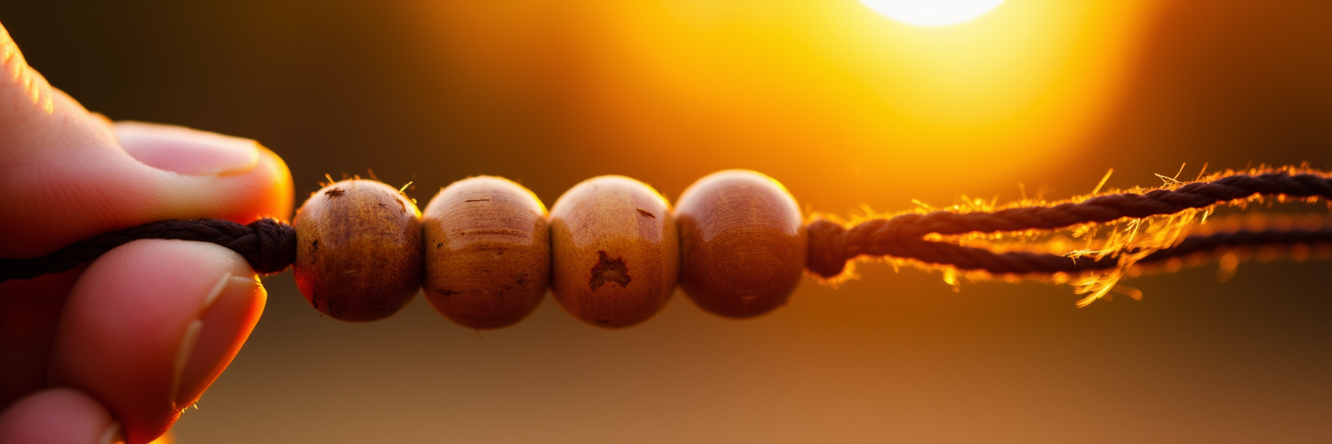 日落时分，一只手握着木制念珠，沐浴在温暖的金色光芒中