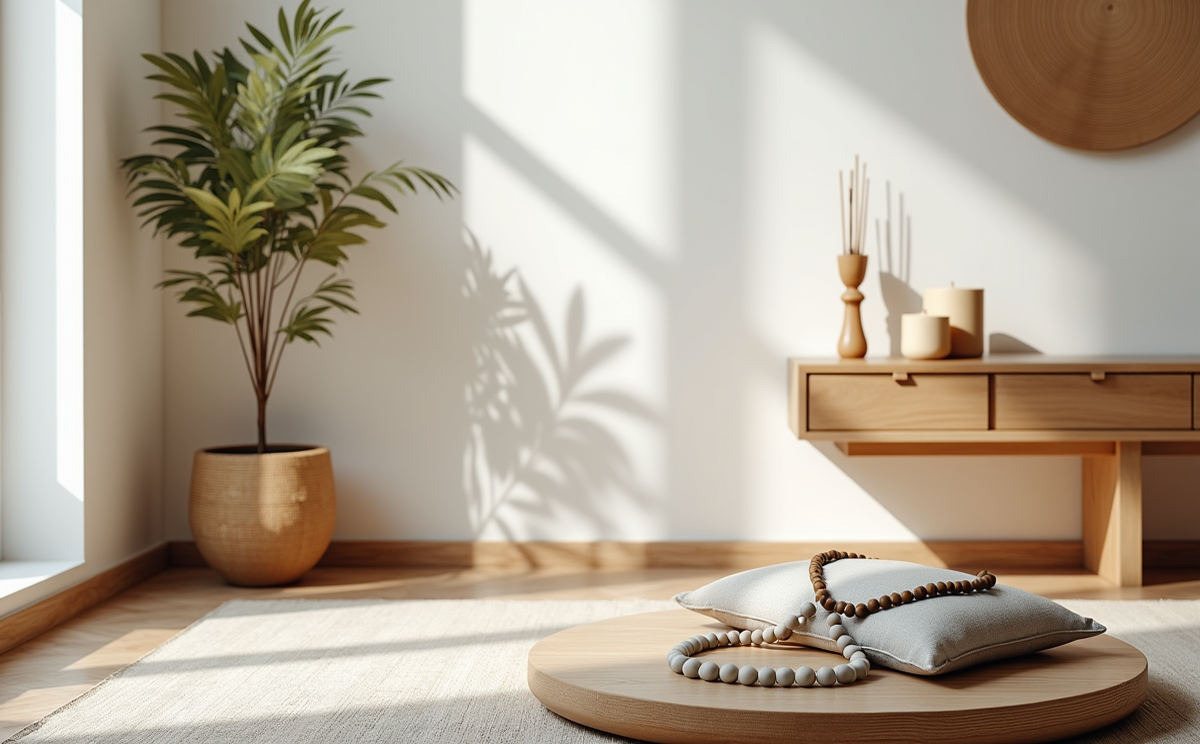 Meditation beads in a serene space, with natural light and plants, creating a harmonious meditation atmosphere.