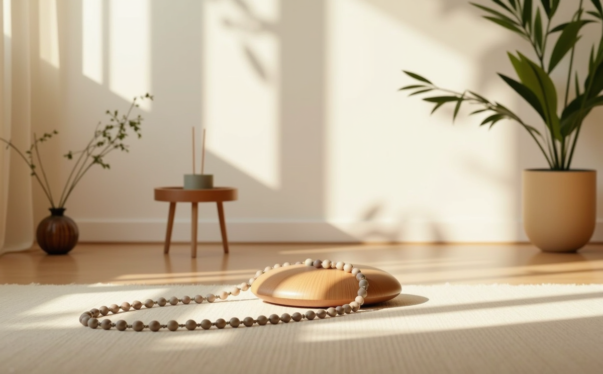 Buddha beads in a meditation space, with soft lighting and natural plants, showcasing the important role of beads in meditation.
